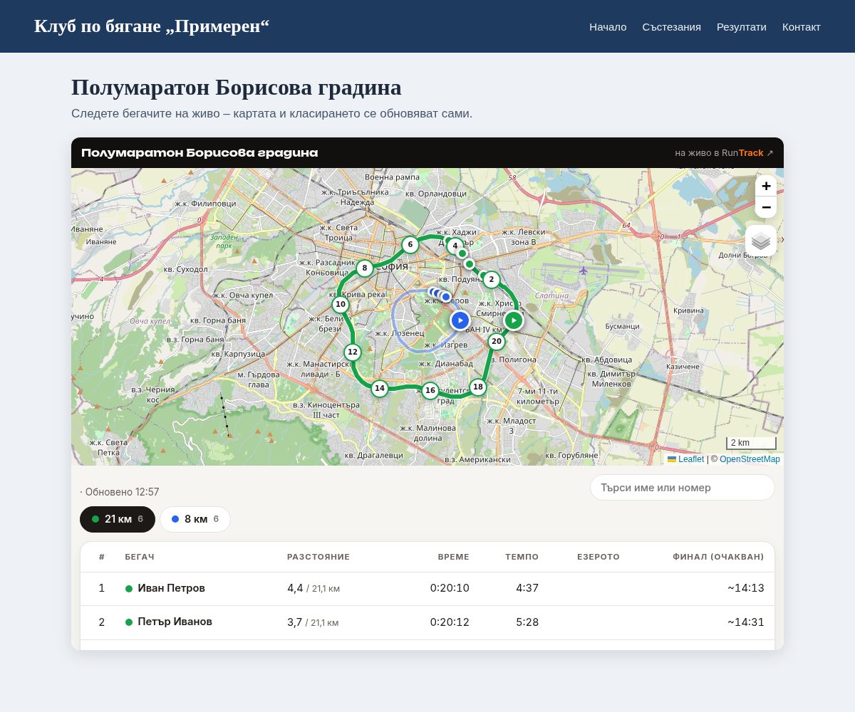 Карта на живо, вградена в сайт на клуб