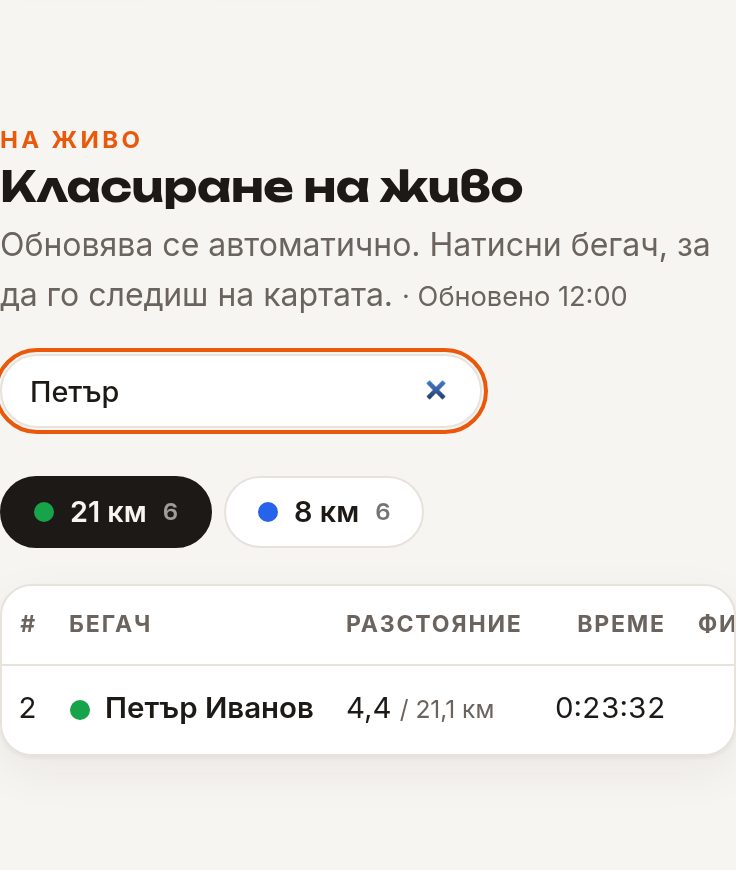 Търсене на бегач по име в класирането на живо