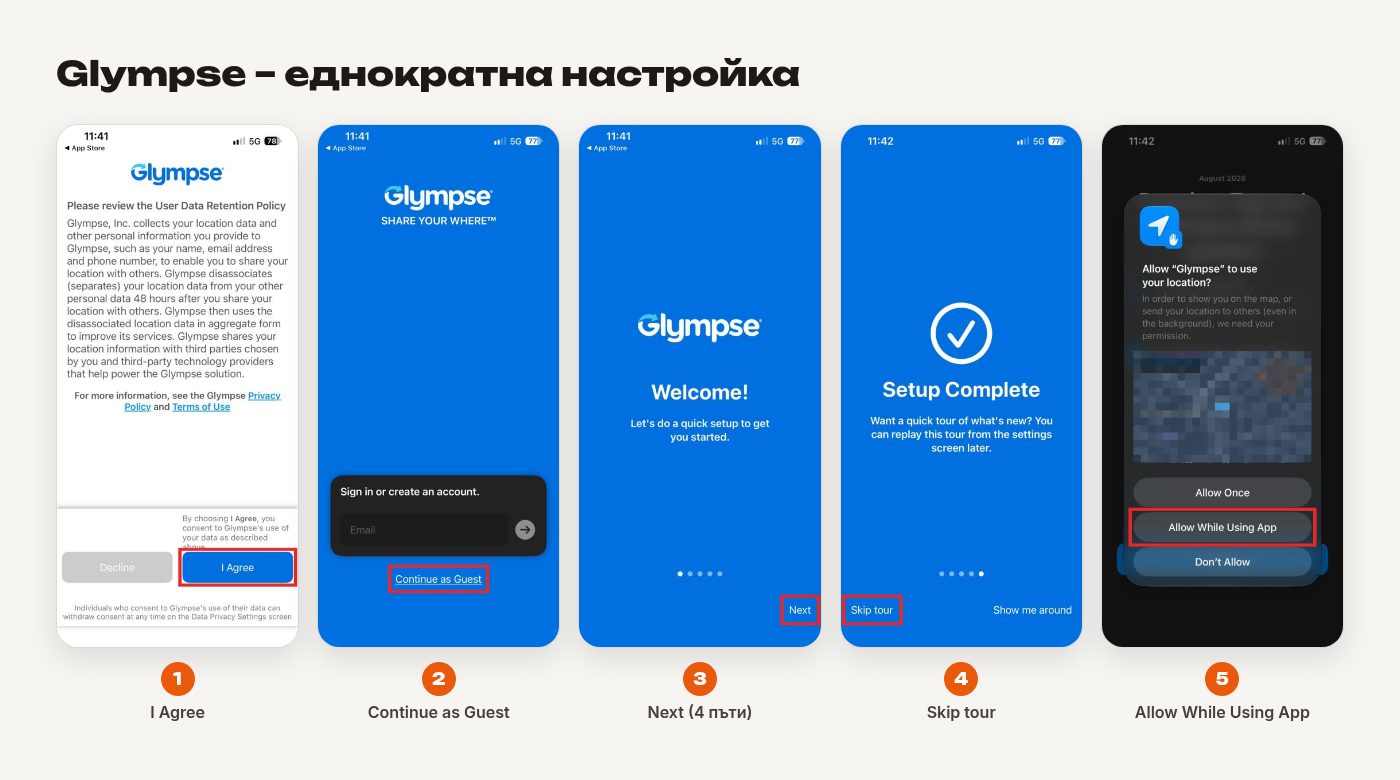 Еднократна настройка на Glympse в 5 екрана