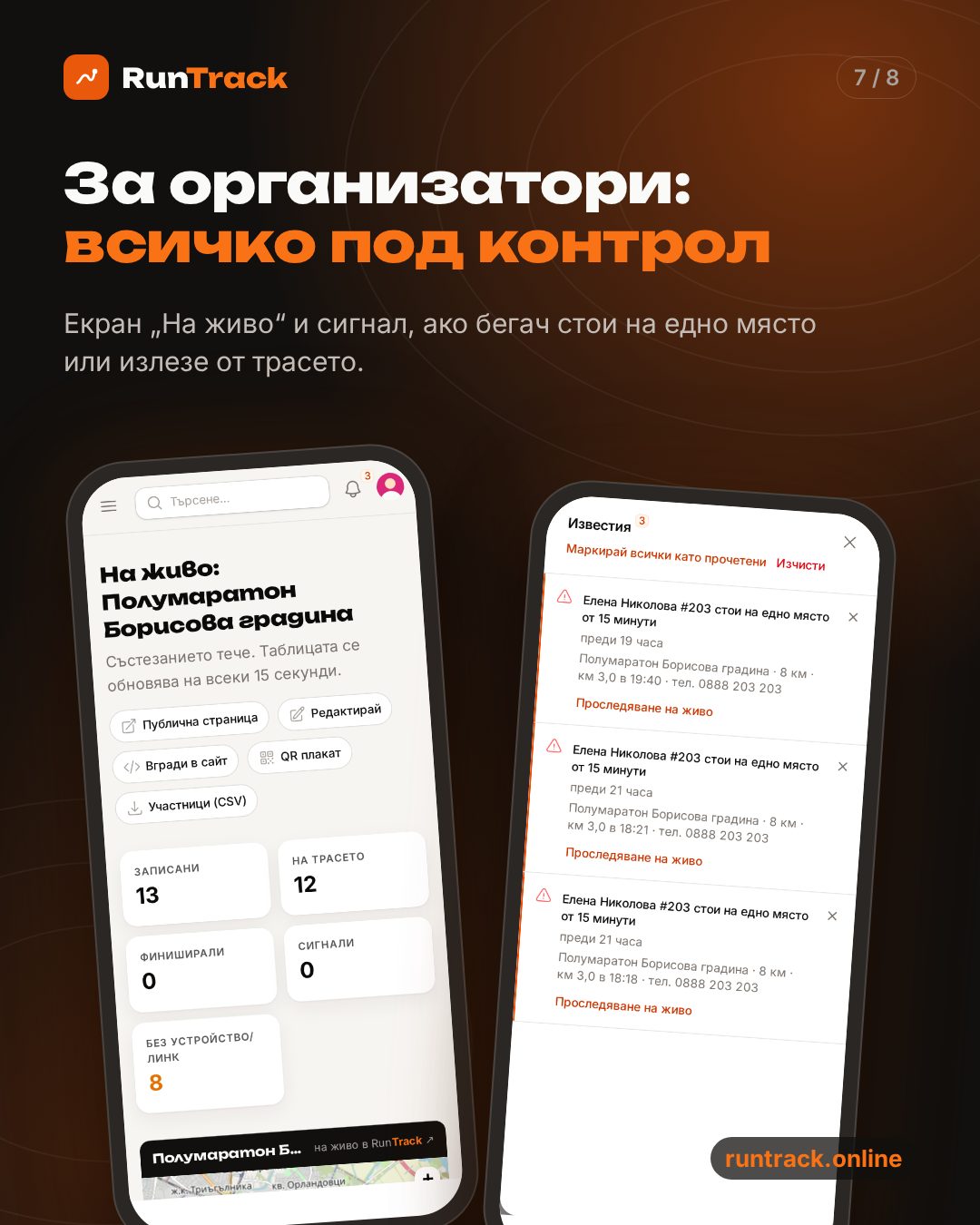 Екранът за организатора по време на състезанието и сигналите за безопасност